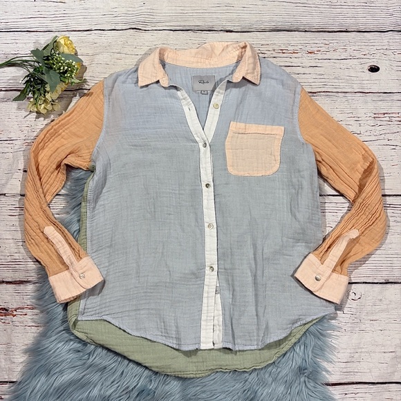 Rails Ellis Bermuda Color Block Button Front Shirt Top Organic Cotton Size M - Picture 2 of 11